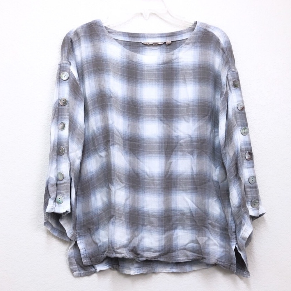 🍓 Soft Surroundings Boho Plaid 3/4 Button Sleeves Viscose Fall Top Small Petite